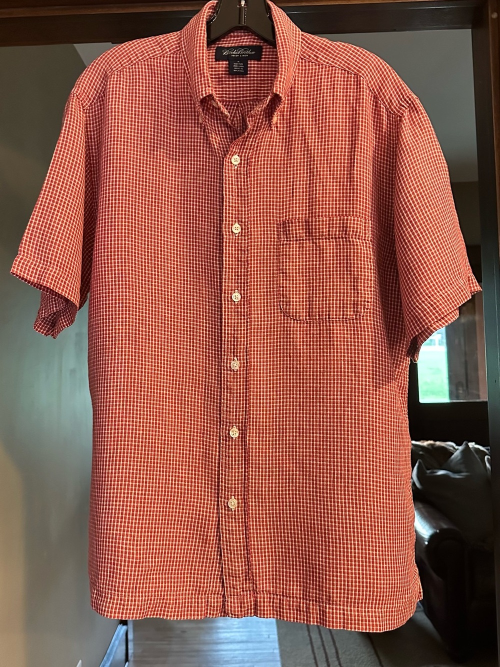 Brooks Brothers 100% Irish Linen Red Gingham Short-Sleeve Button-Down Shirt